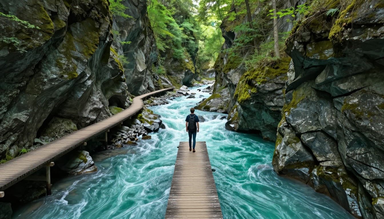 One hiker stands on wooden boardwalk beside rushing turquoise river in narrow gorge with mossy cliffs.