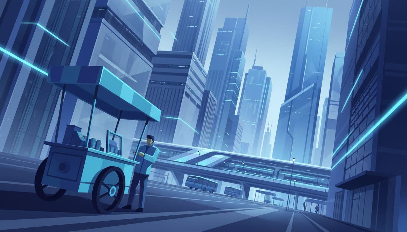 Modern illustration of a wide city street at 24mm focal length with tall buildings, transit hub in background, foreground scooter or vendor cart, one person, cool blue tones, and strong diagonal composition.