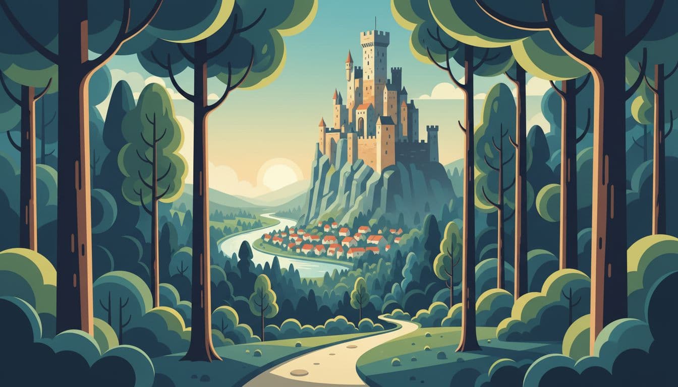 A modern illustration featuring a winding path through the forest as a leading line guiding the eye to a distant castle perched on a cliff, with foreground trees providing scale, a river below the town, and soft early morning light in a cool golden palette.