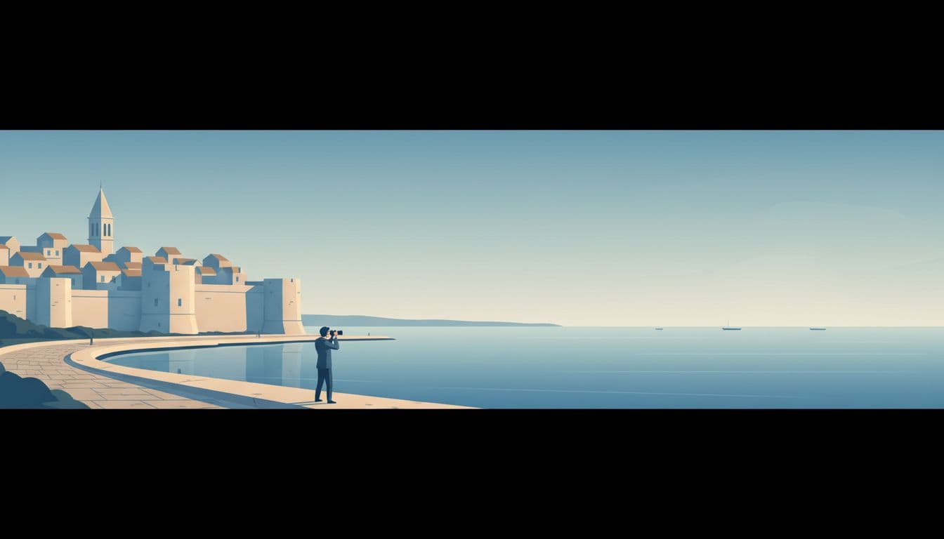 Panoramic landscape of Zadar, Croatia waterfront at early morning, featuring old town walls, towers, open sea, harbor edge with stone paths, soft light, distant boats, and one person holding a camera, in modern illustration style with clean shapes and warm blue palette.