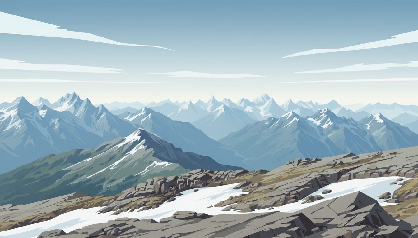 Panoramic view from Zugspitze summit in Germany features snow patches on a rocky plateau transitioning into spring, distant Alps peaks across the Germany-Austria border under a partly cloudy sky with good visibility, and a faint cable car in the distance. Modern illustration style with clean shapes, controlled color palette, and strong composition in landscape aspect ratio, no people, text, logos, or watermarks.