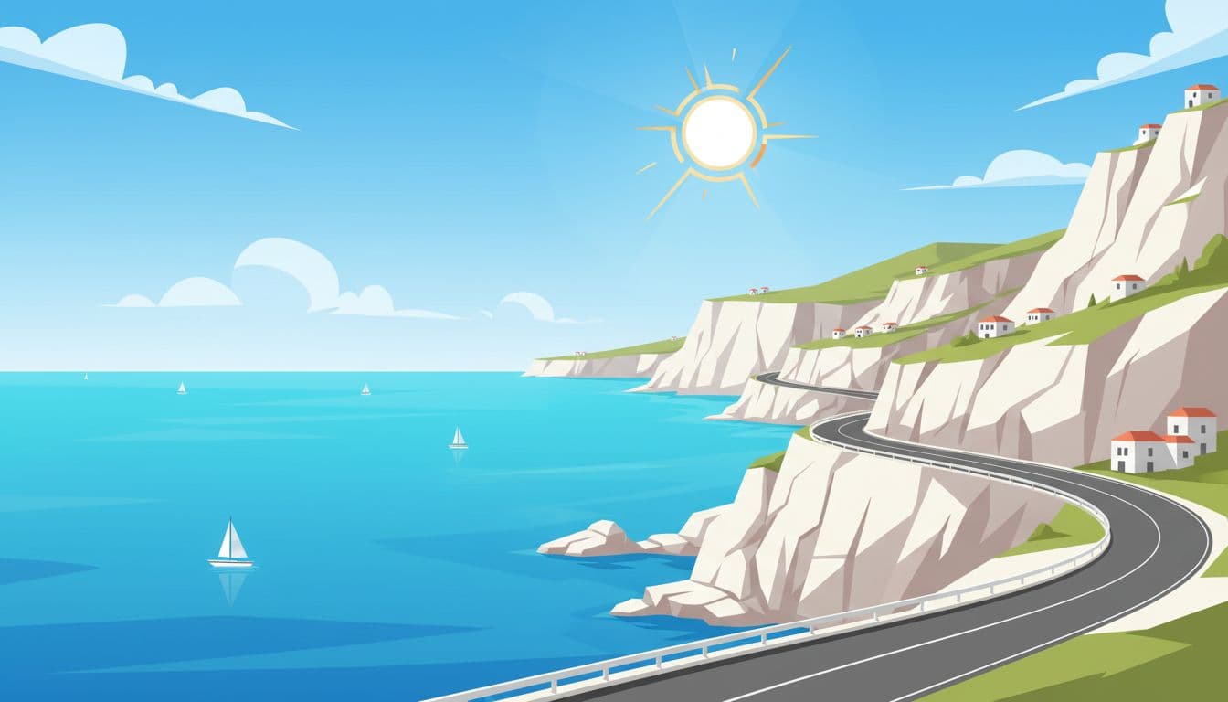 Steep cliffs drop into turquoise Ionian waters along winding coastal road under bright sun and clear sky.