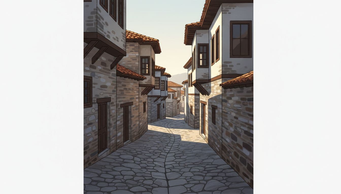 Narrow winding cobblestone street lined with stone houses, wooden shutters, and terracotta roofs in warm morning light.