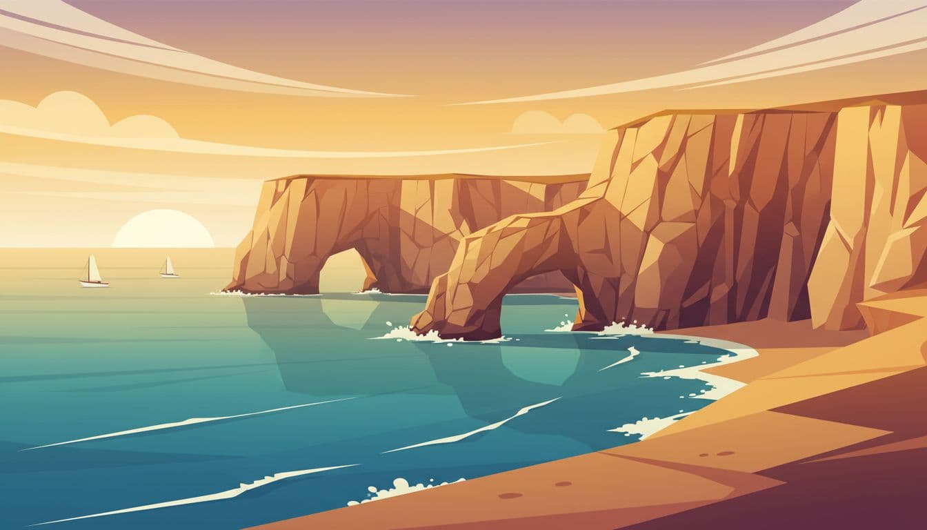 A modern illustration of a dramatic Algarve cliff face overlooking the ocean during golden hour.