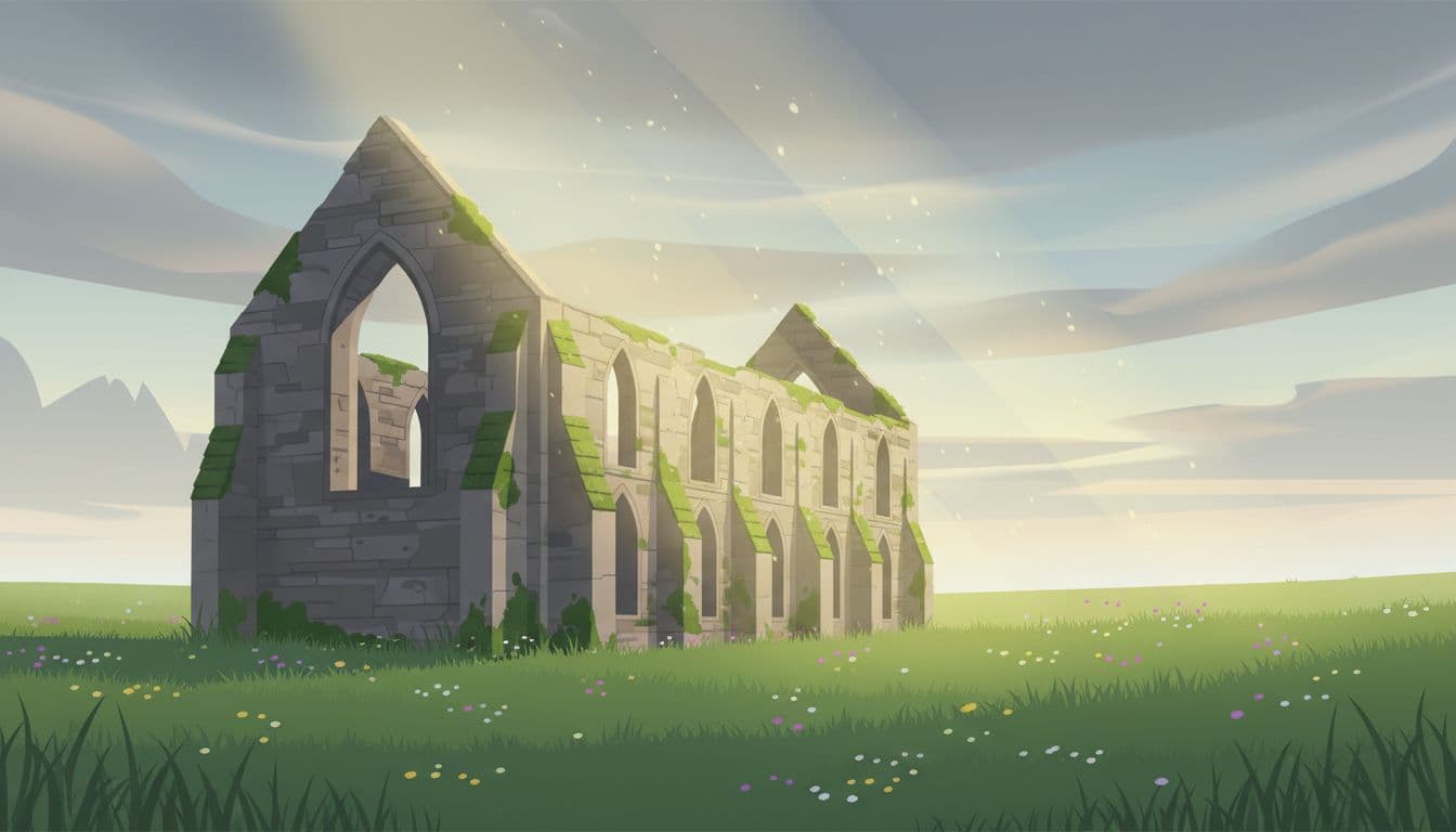 Weathered stone walls with dramatic arched windows stand amidst a vibrant green field filled with scattered wildflowers. Soft, filtered sunlight illuminates the mossy textures and creates a serene, historic atmosphere.