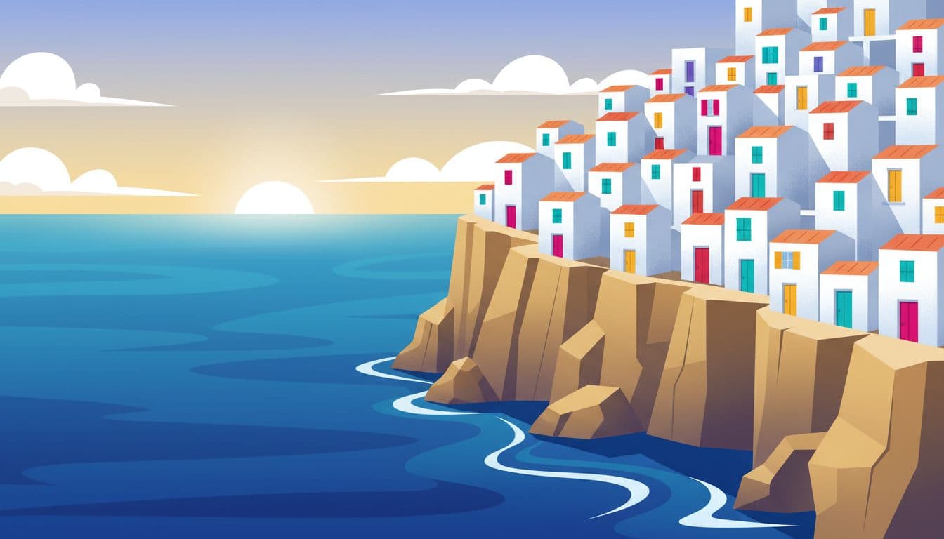 A stylized Andalusian village with whitewashed buildings sits on a rocky cliff above a deep blue sea.