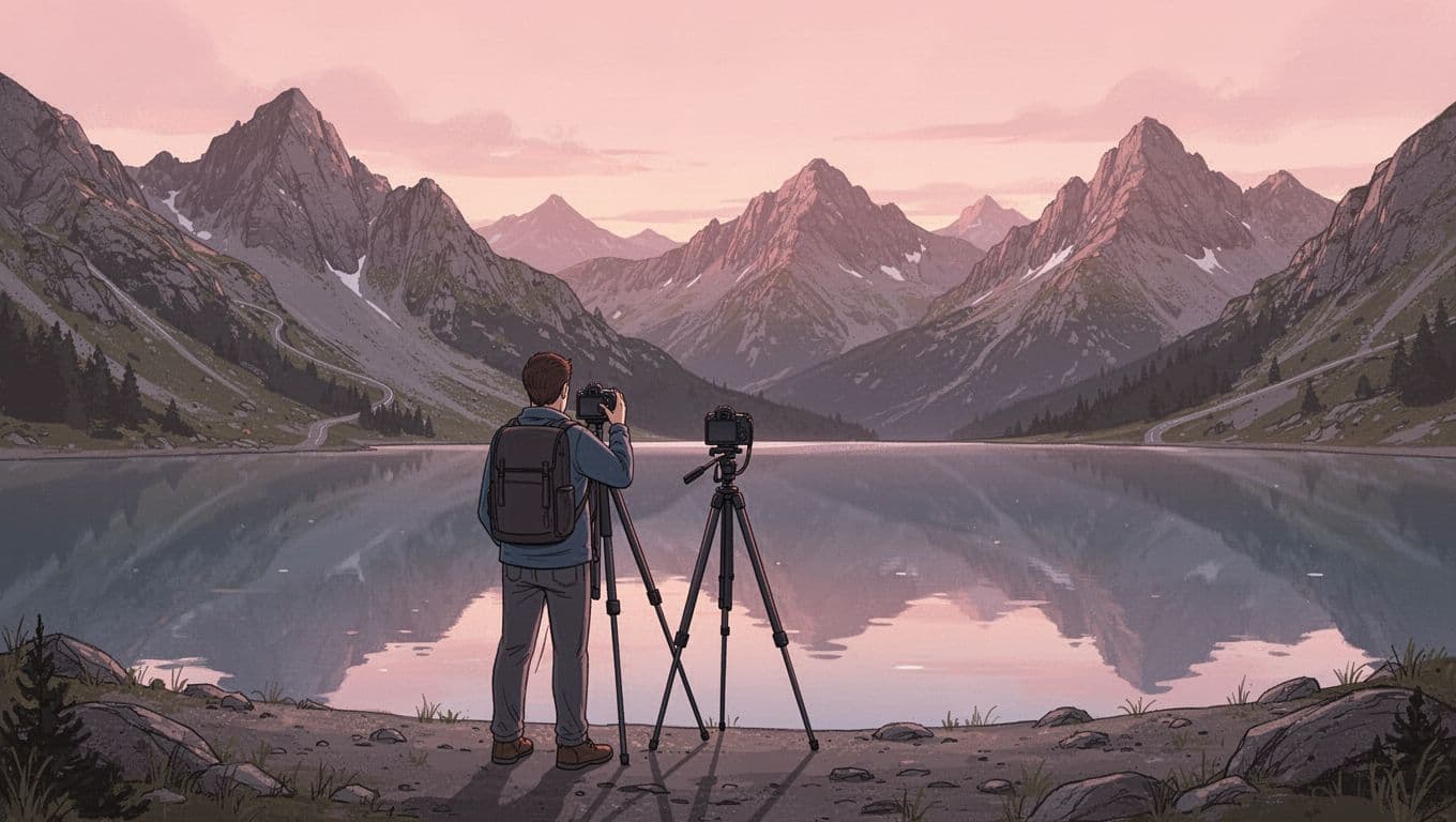 Photographer back to viewer at Bâlea Lake viewpoint on Transfagarasan captures mountain panorama at dawn with pink skies on water.