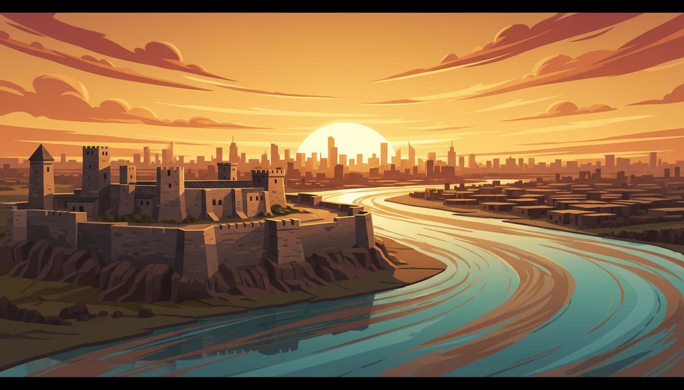 Stone fortress overlooks two rivers meeting with distant city skyline at sunset.