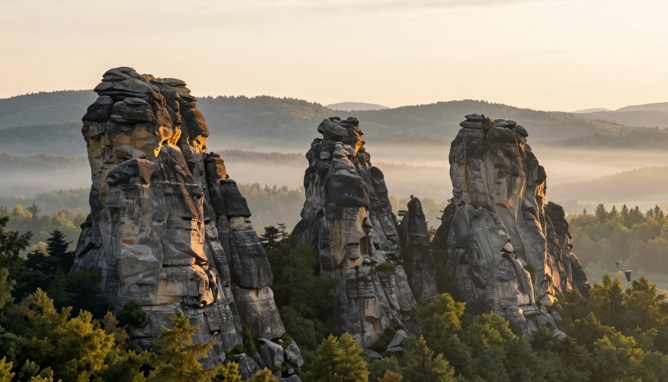 Three sandstone rock towers rise over misty valleys and forested base in soft morning light.
