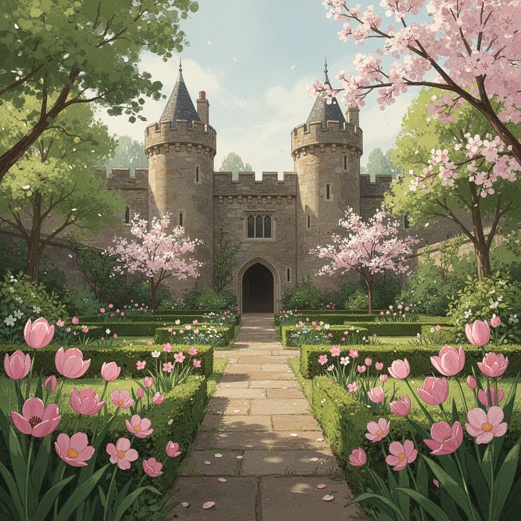 Bojnice Castle gardens with blooming flowers and towers in soft spring sunlight.
