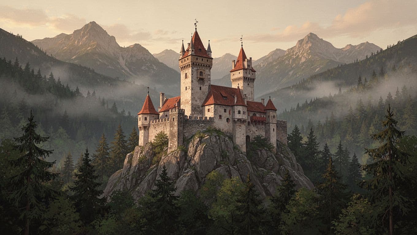 Bran Castle towers over a rocky hilltop amid dense green forests and misty mountains in golden hour light.