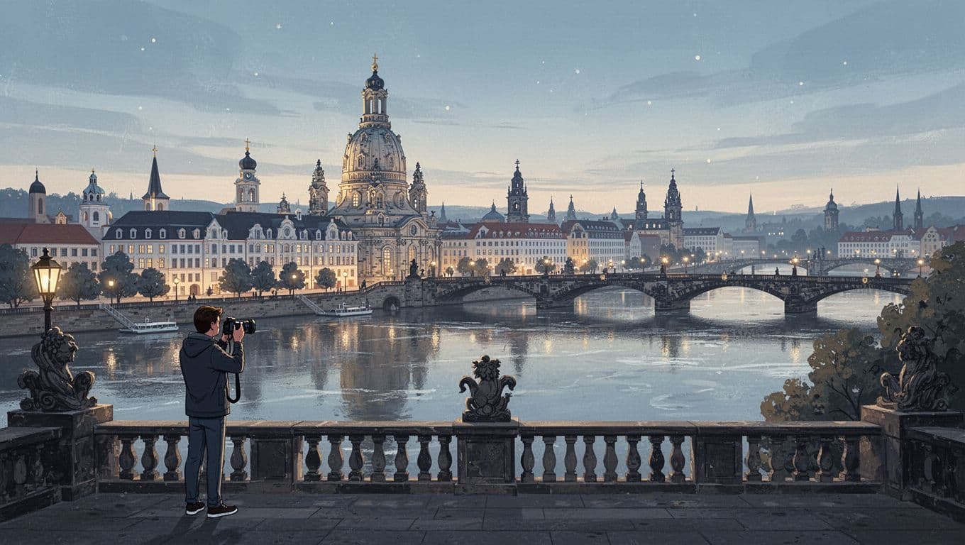 View from Brühl's Terrace over Elbe River to Dresden skyline with Frauenkirche and bridges, one person with camera in evening light.