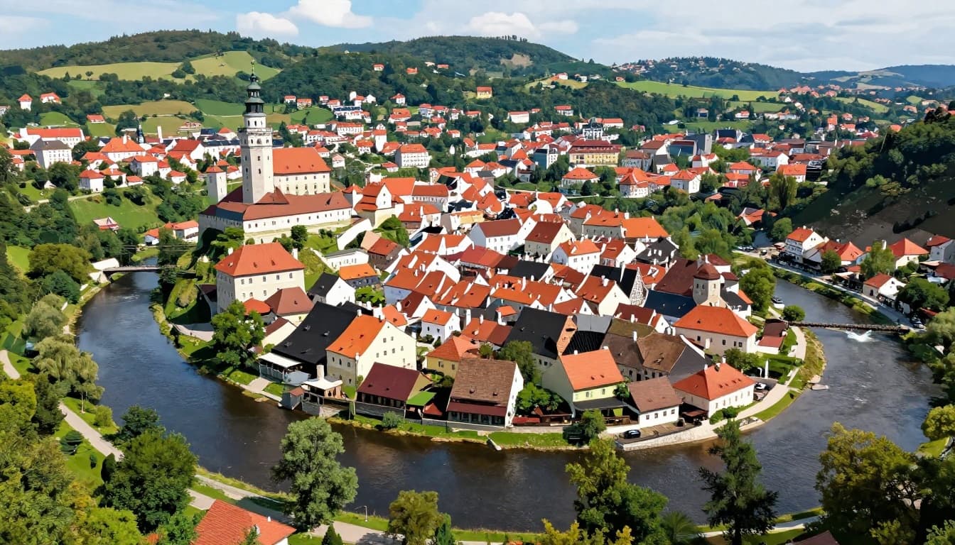 Aerial view of Český Krumlov castle above winding Vltava River, red-roofed town, and green hills.