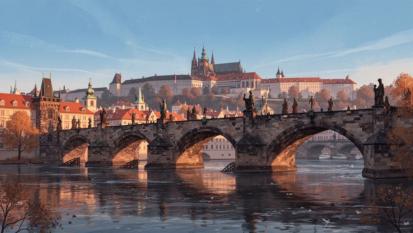 Charles Bridge spans Vltava River in Prague at golden hour, statues lining the bridge, distant castle hill under clear sky.