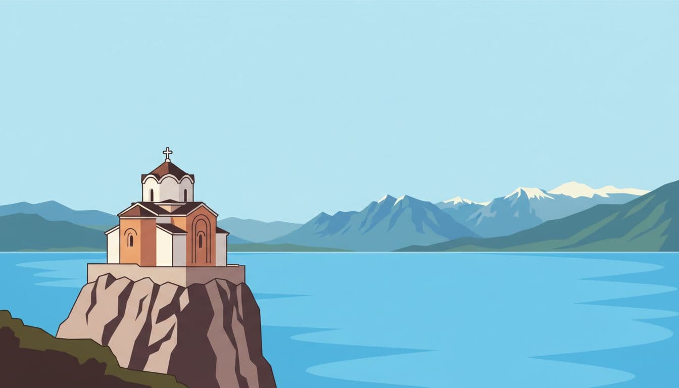A modern illustration shows the church atop a cliff overlooking the blue waters of Lake Ohrid.