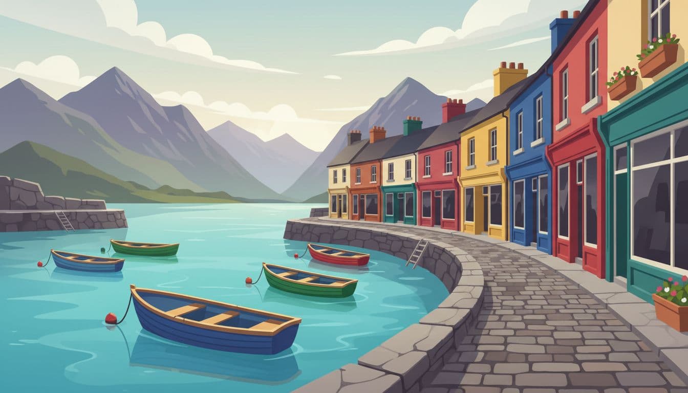 Small rowboats float in calm water beside stone quays lined with vibrant red and yellow shop fronts. A misty mountain range rises in the distance behind the picturesque cobblestone village street.