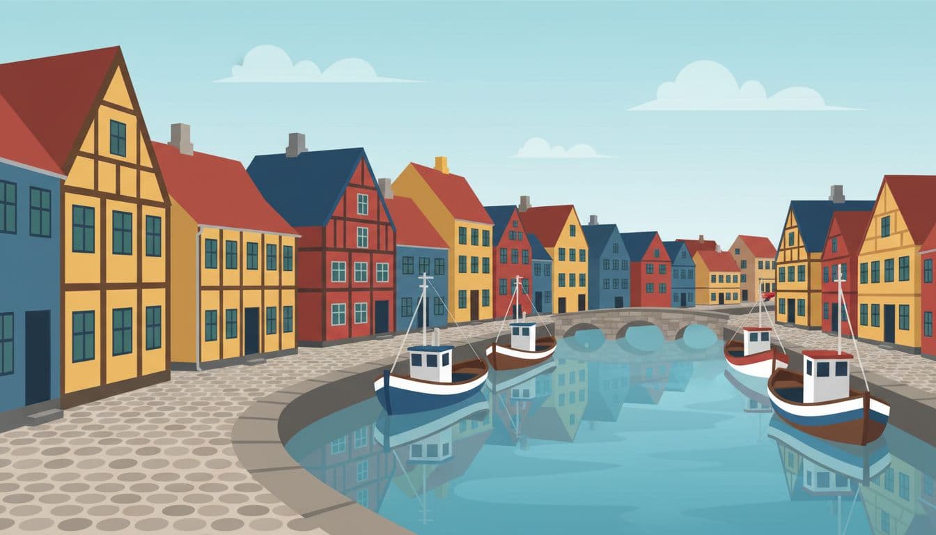 Vibrant timber-framed houses line the edge of a calm harbor filled with small wooden boats. Cobblestone paths lead through the village, rendered in a clean, modern artistic style with balanced colors.