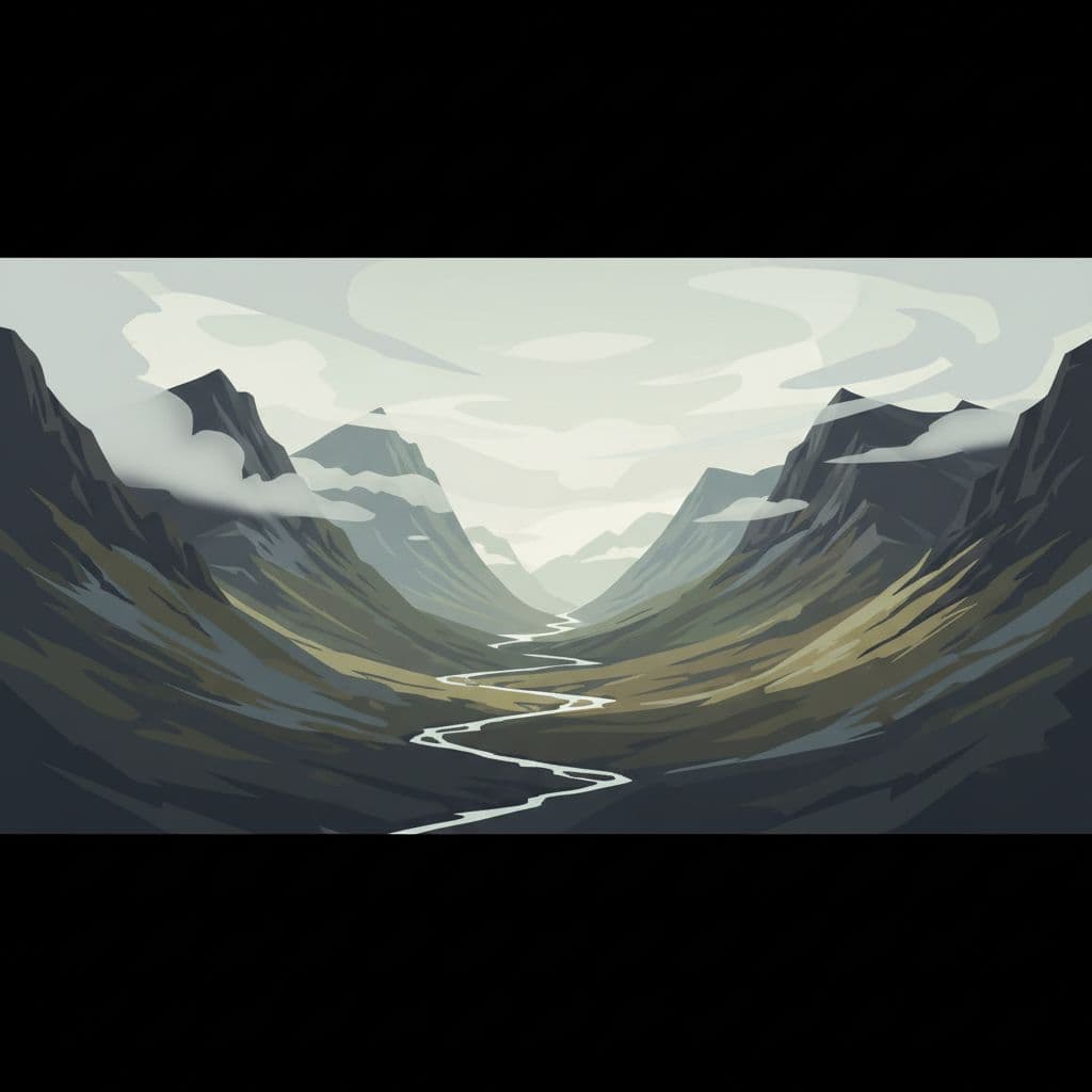 Sharp rocky peaks emerge from a thick blanket of fog in a lush Scottish valley. The landscape features deep green mossy slopes and winding paths bathed in a muted gray light.