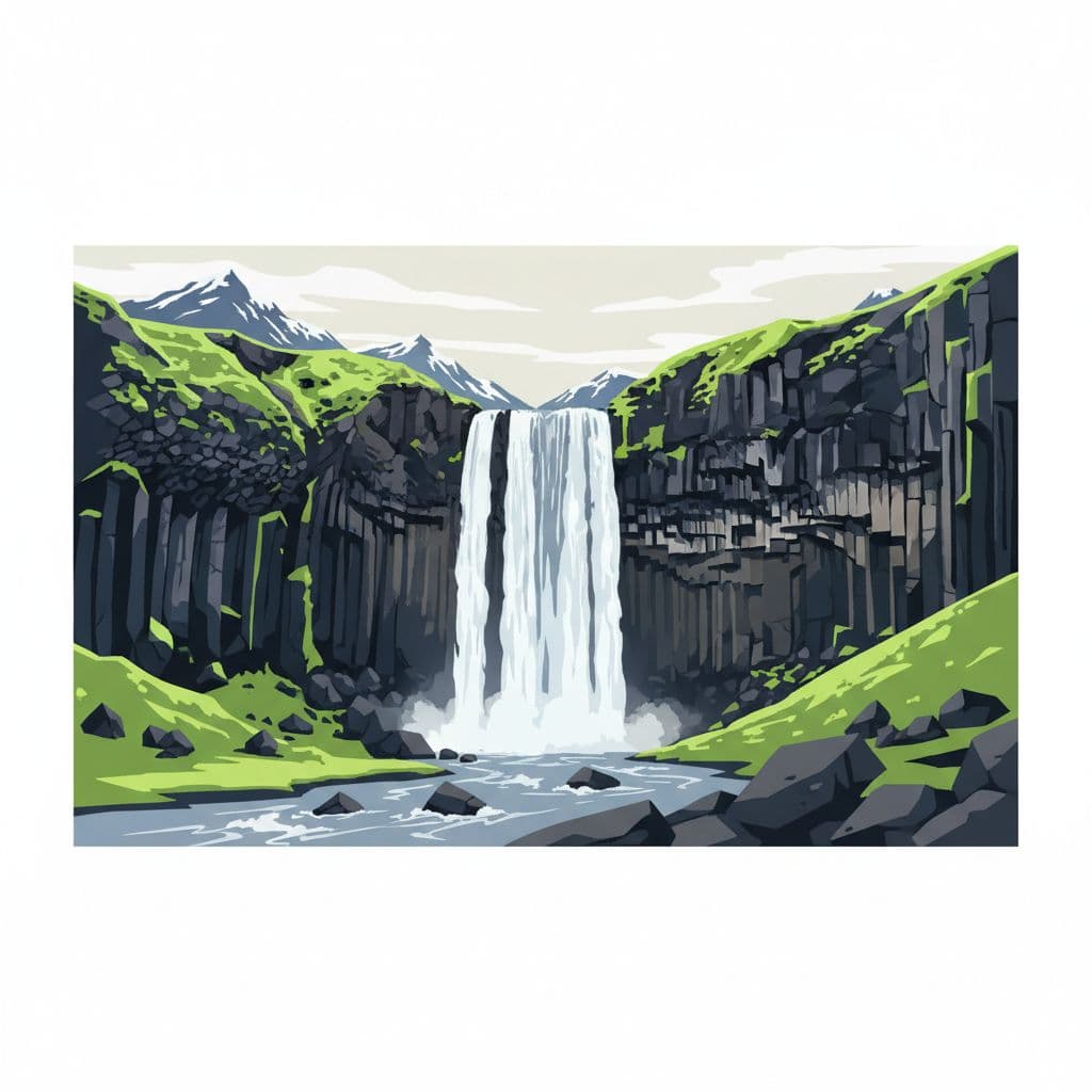 A powerful white waterfall cascades down rugged basalt cliffs covered in vibrant green moss. The dark, geometric rock formations provide a stark contrast to the flowing water in this Icelandic landscape.