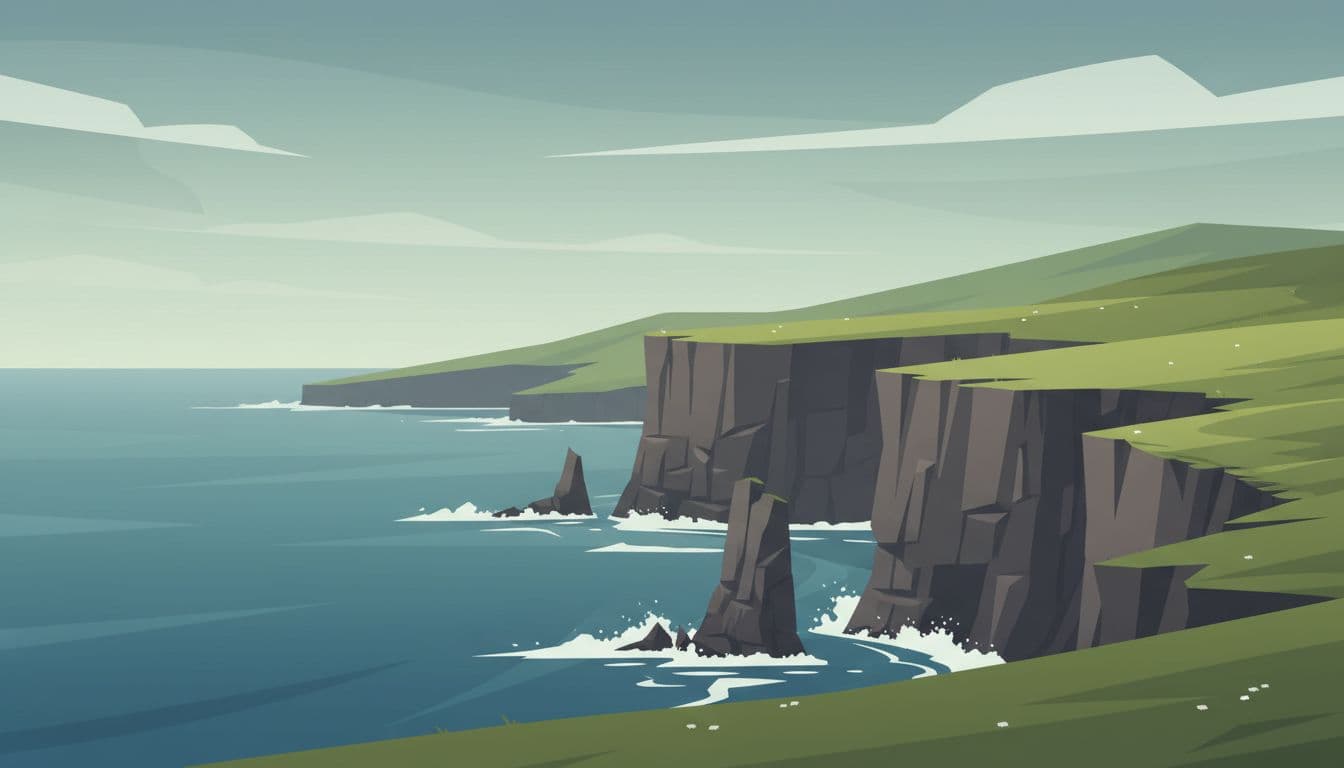 Layered rock formations rise above churning white waves along the Irish coastline. Vivid green grassy slopes carpet the cliff tops under a soft, overcast sky, showcasing a clean, modern illustrated aesthetic.