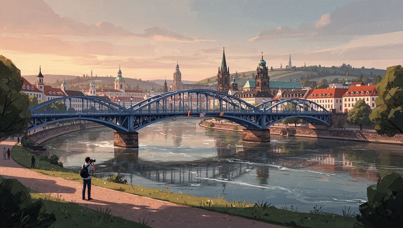 Blue Wonder Bridge arches over Elbe River with Dresden skyline, sunset lighting, and one photographer on riverside path.