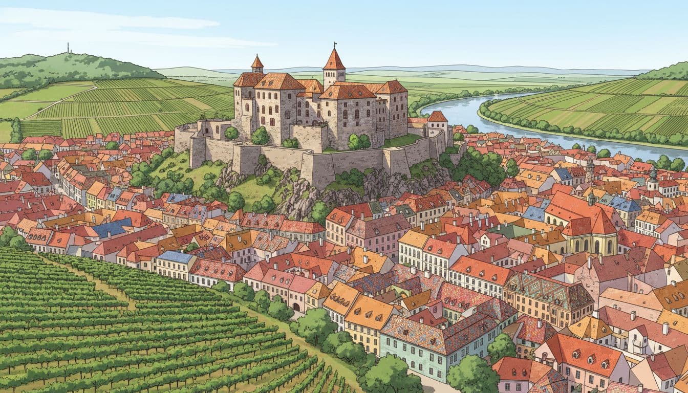 Eger castle overlooks baroque town with colorful rooftops and hillside vineyards on sunny day.