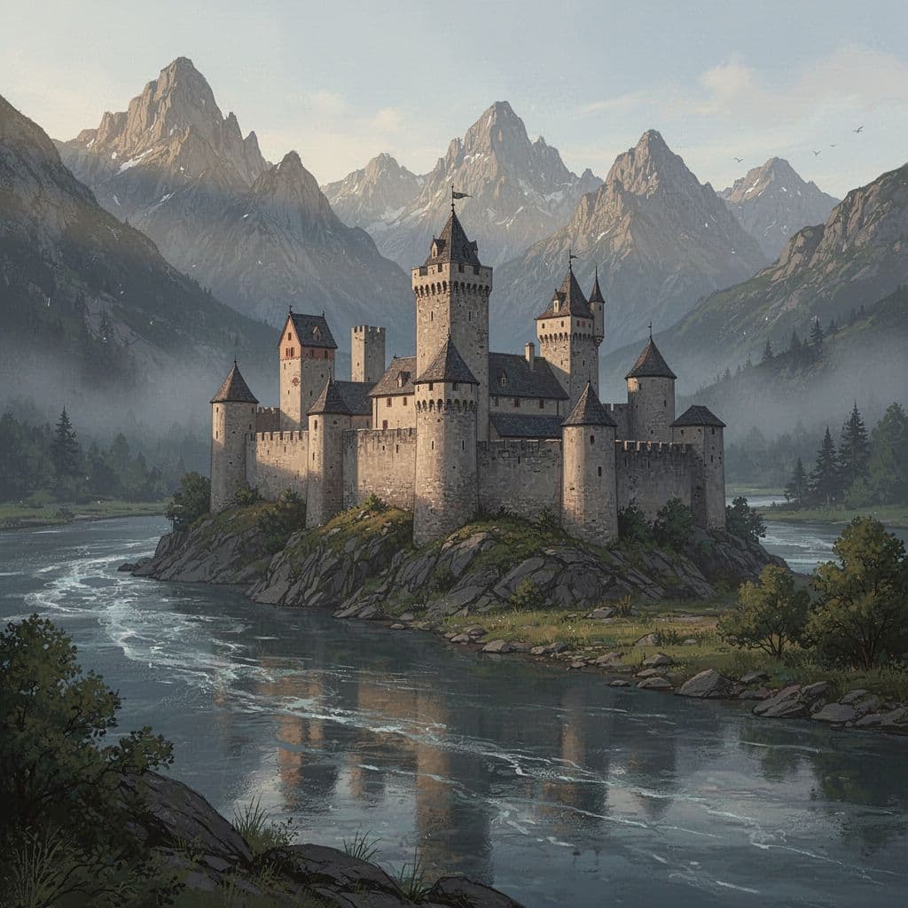 Medieval fortress with towers at wide river edge, mountains behind in morning light.