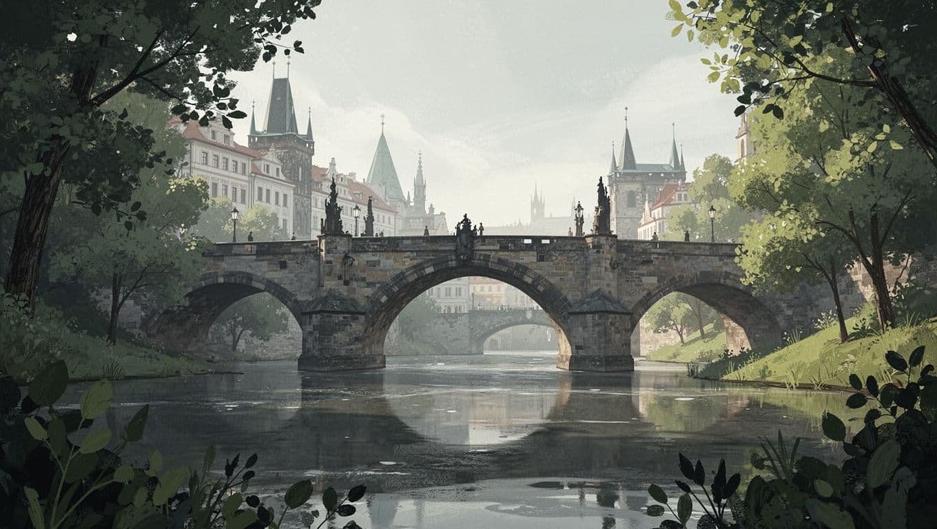Arched stone bridge spans river, framed by foliage in soft morning light.