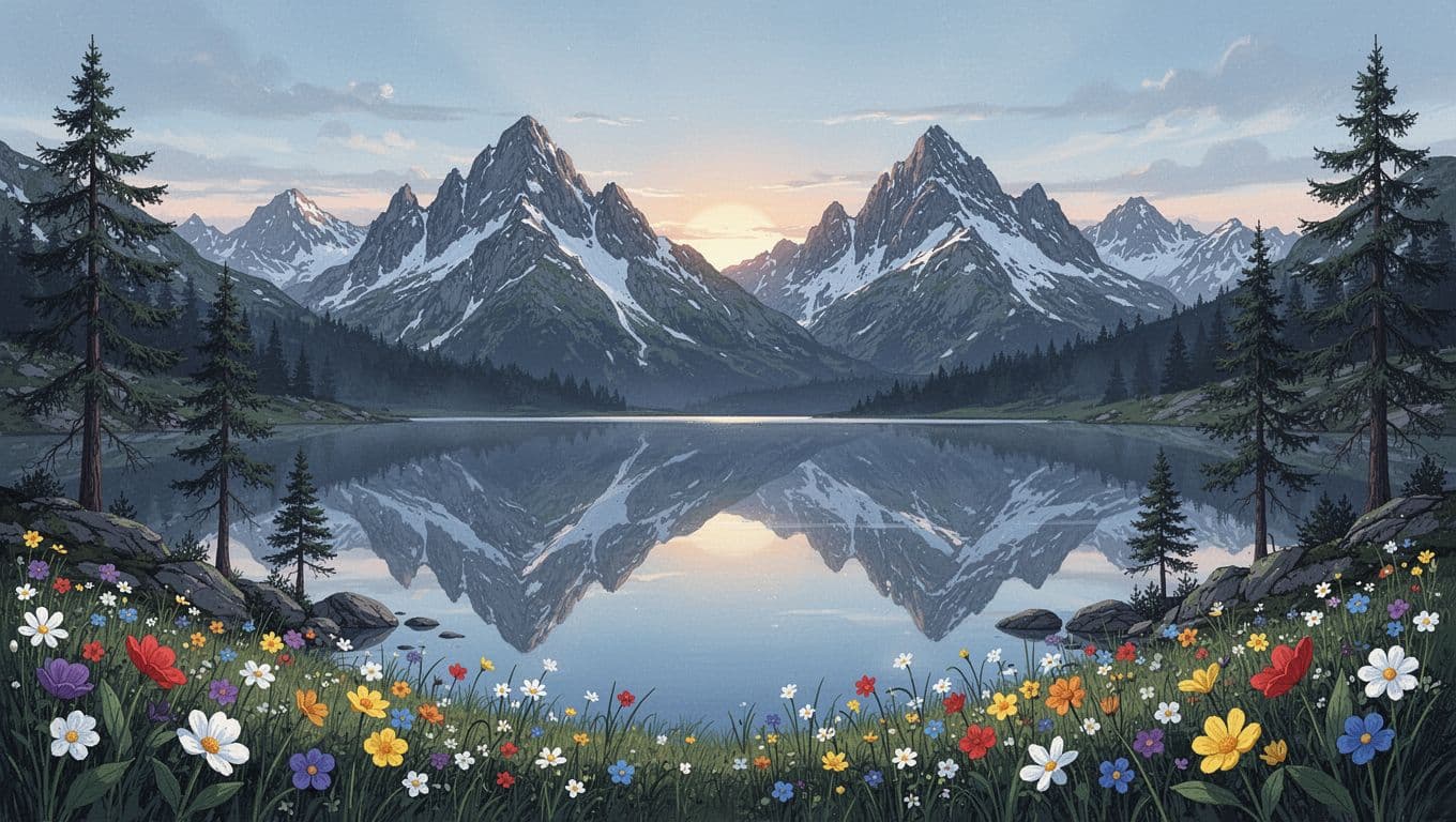 Jagged snow-capped High Tatras peaks reflect in a mountain lake with foreground wildflowers and pines.