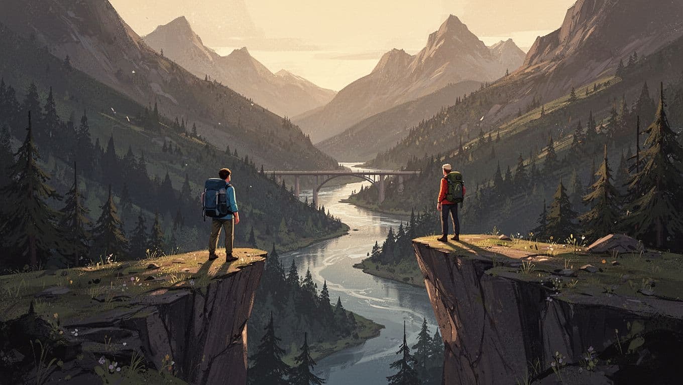 Hiker on cliff edge overlooks deep valley with distant arched bridge over river and forested slopes at golden hour.