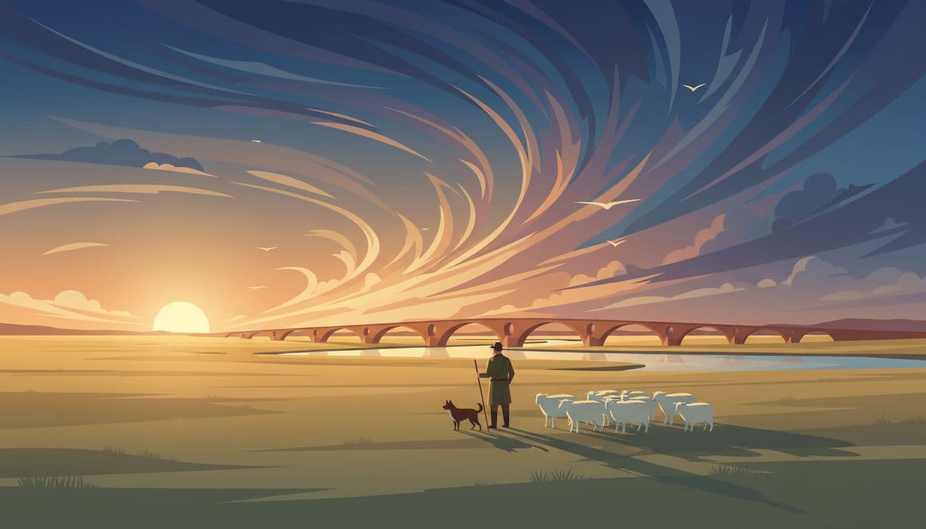 Shepherd and dog herd few sheep on vast puszta plains with nine-arch bridge under dramatic sky.