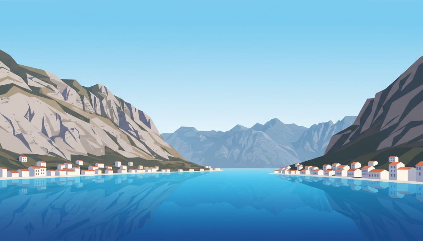 Steep mountains rise from clear blue sea of Bay of Kotor, white stone houses on shoreline.