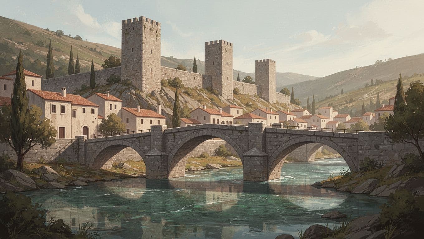 A modern illustration depicts stone bridges spanning a river with traditional towers on the hillside.