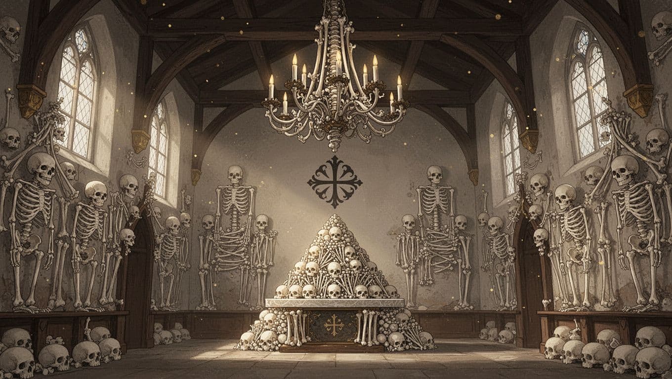 Symmetrical interior with bone chandelier, pyramid altar, bone walls, and central coat of arms in dim light.