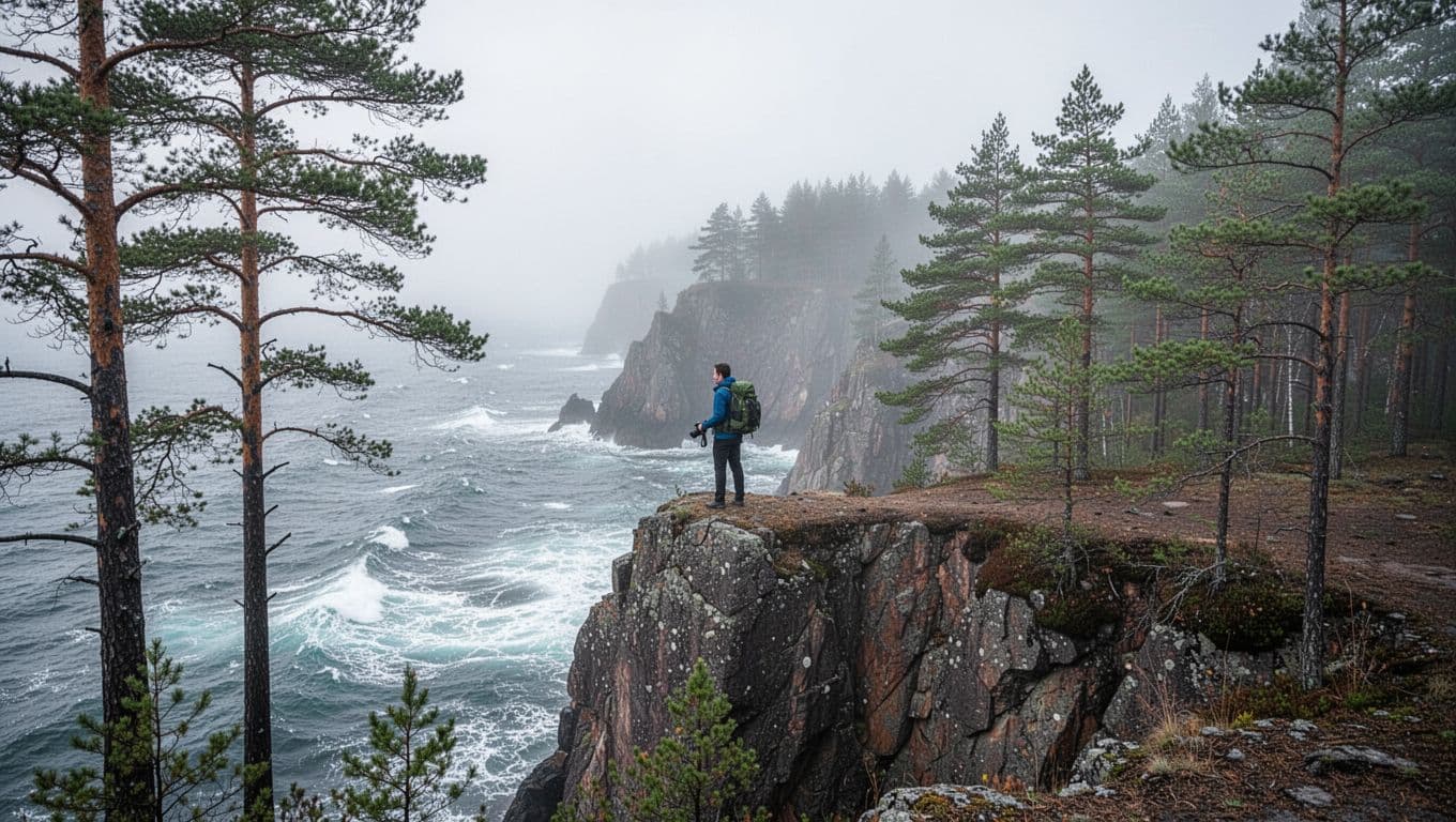 Tall pines on rugged cliffs overlook crashing waves in misty morning light, hiker with camera gazes out.