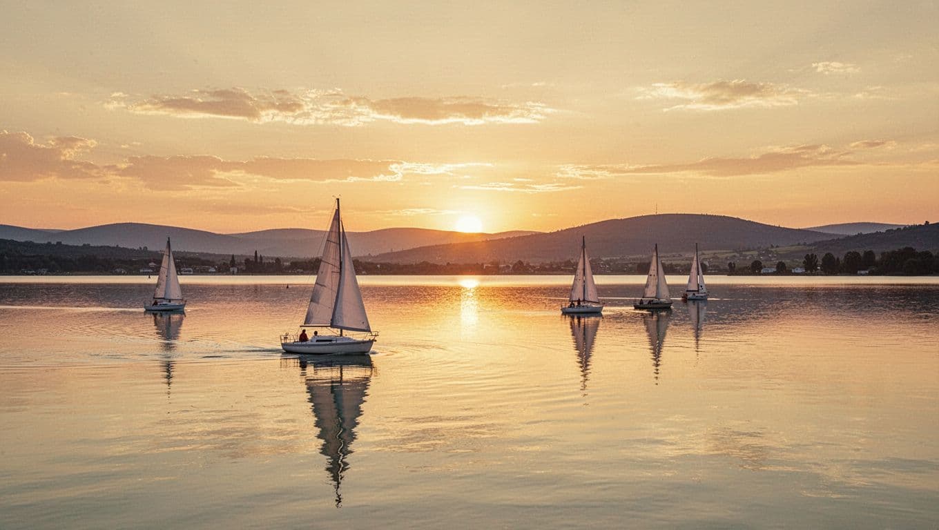 Calm Lake Balaton waters reflect golden sunset sky, distant hills, and sailboats.