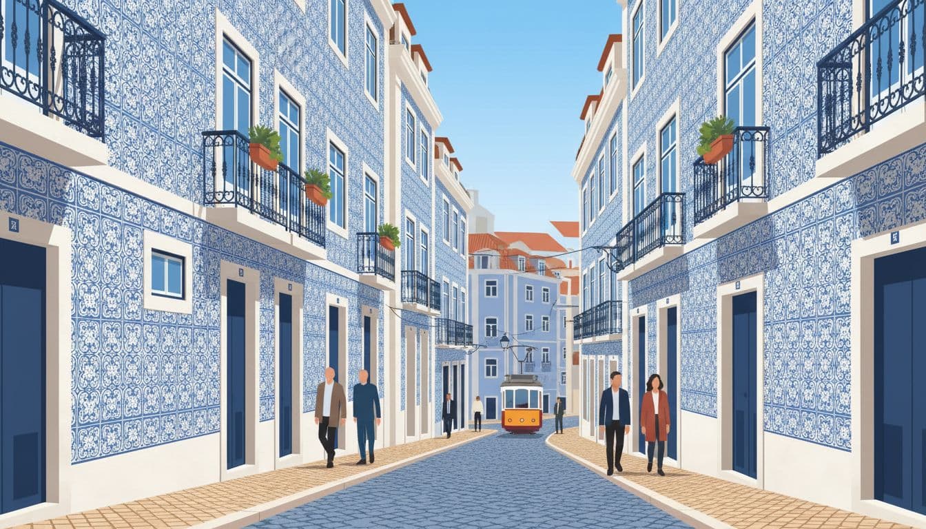 A narrow street in Lisbon featuring colorful buildings adorned with ornate blue and white azulejo tiles.
