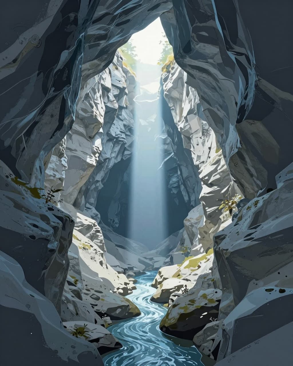 Sunlight streams through Macocha Abyss onto rocky walls and underground river.