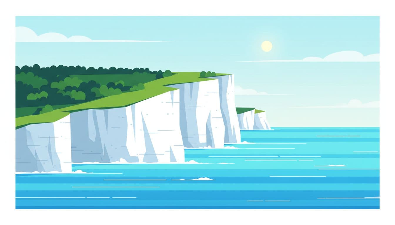 Towering white limestone cliffs rise sharply above a vibrant turquoise sea. At the jagged clifftop, a dense forest canopy features lush greenery that provides a stark contrast against the bright rock face.