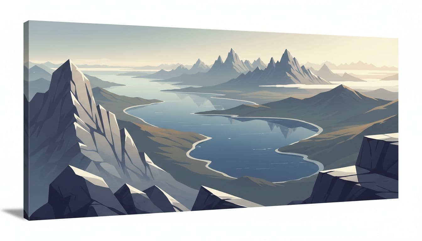 Panoramic view from high mountain peak over winding bay with blue water and distant jagged peaks.
