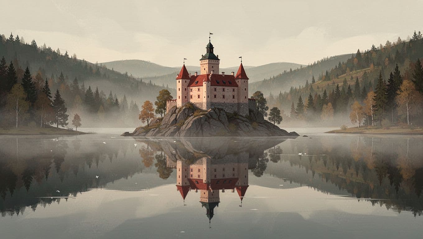 Orava Castle silhouetted on rocky island reflected in misty lake amid forested hills.