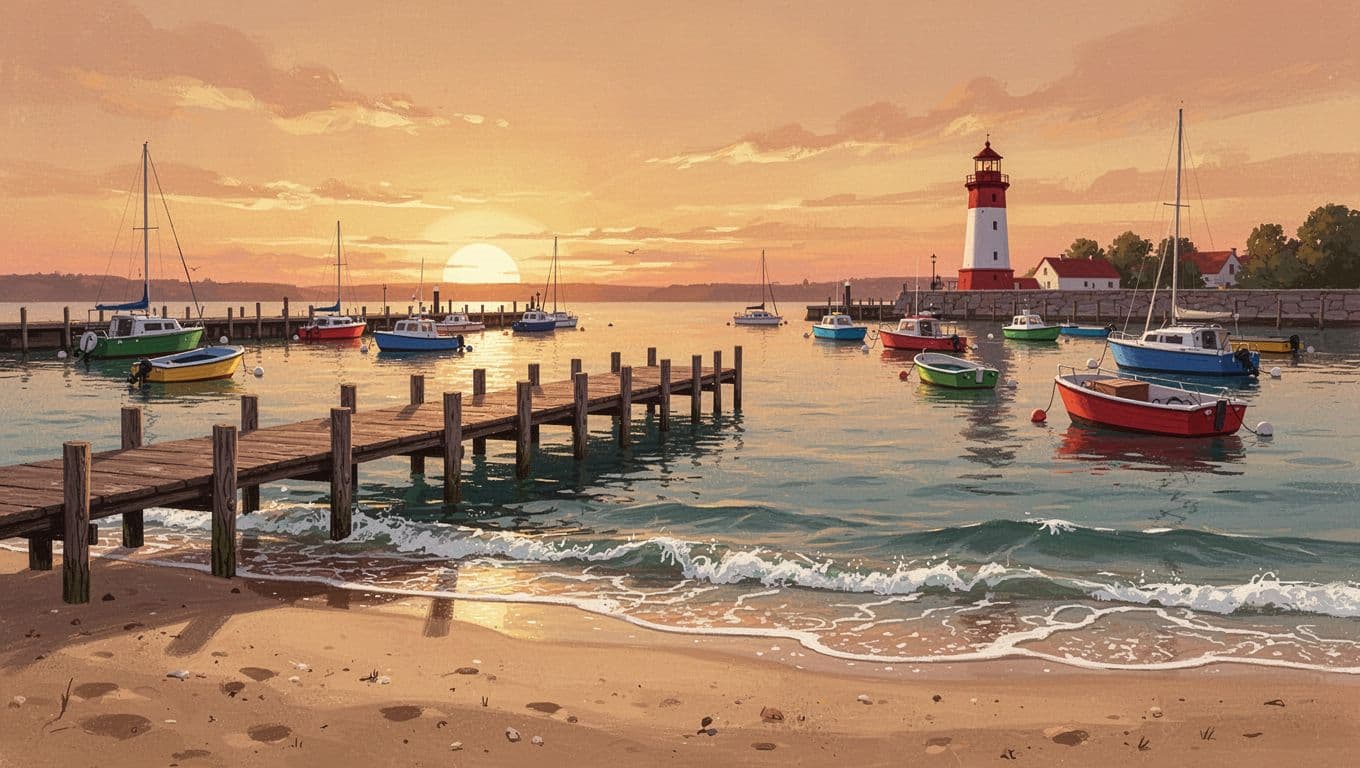 Sandy beach and harbor in Pärnu Estonia at sunset with wooden piers, colorful boats, calm sea, and background lighthouse.