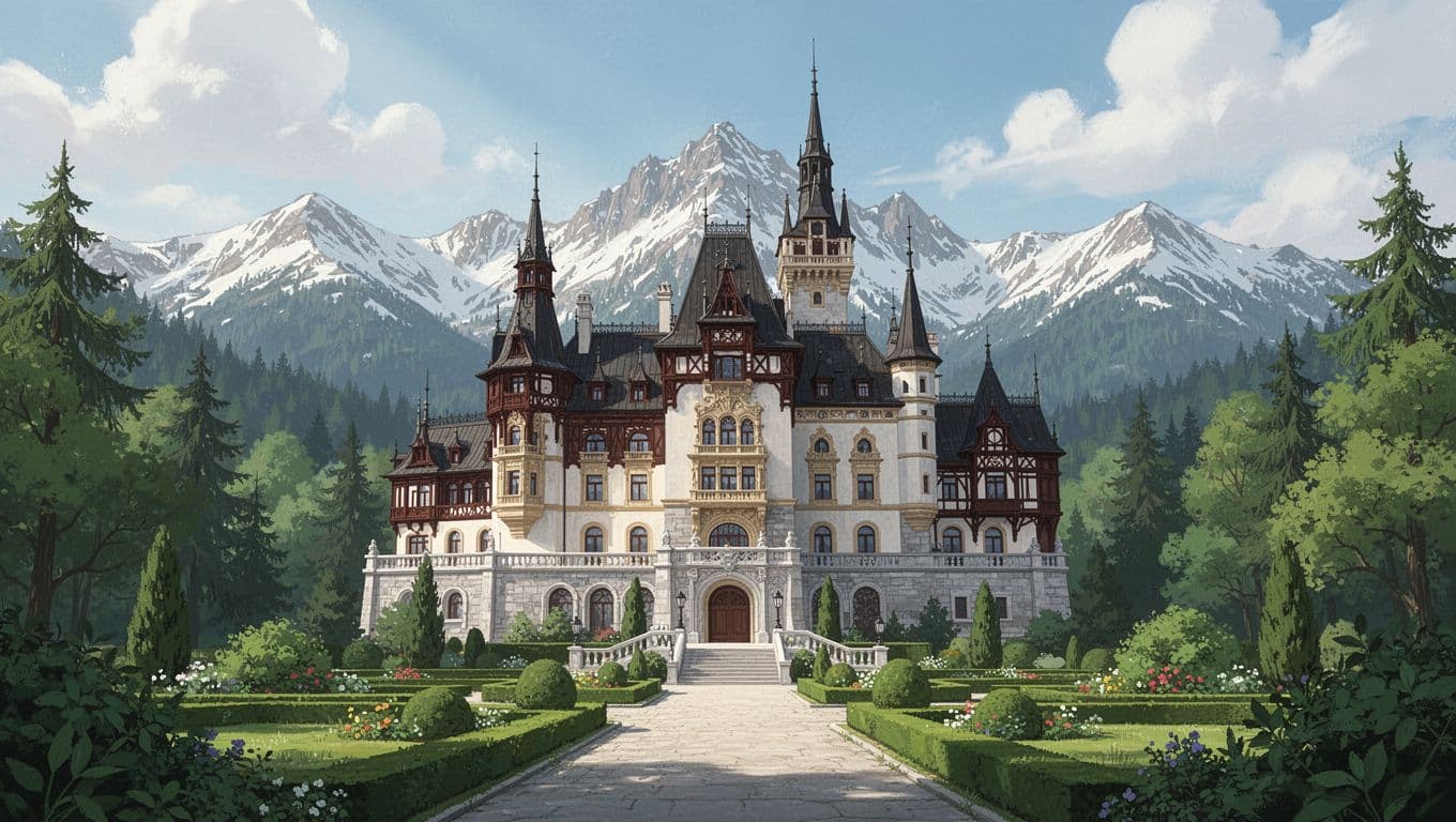 Peles Castle nestled in lush gardens with snow-capped Carpathian mountains behind.