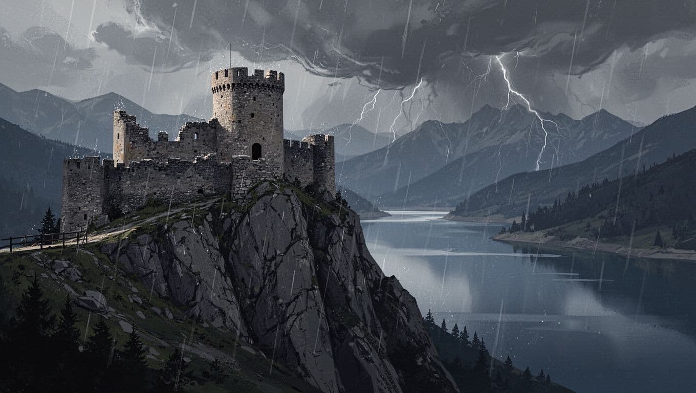 Poenari Castle ruins on steep cliffside overlook Vidraru Lake under stormy sky with rain over mountains.
