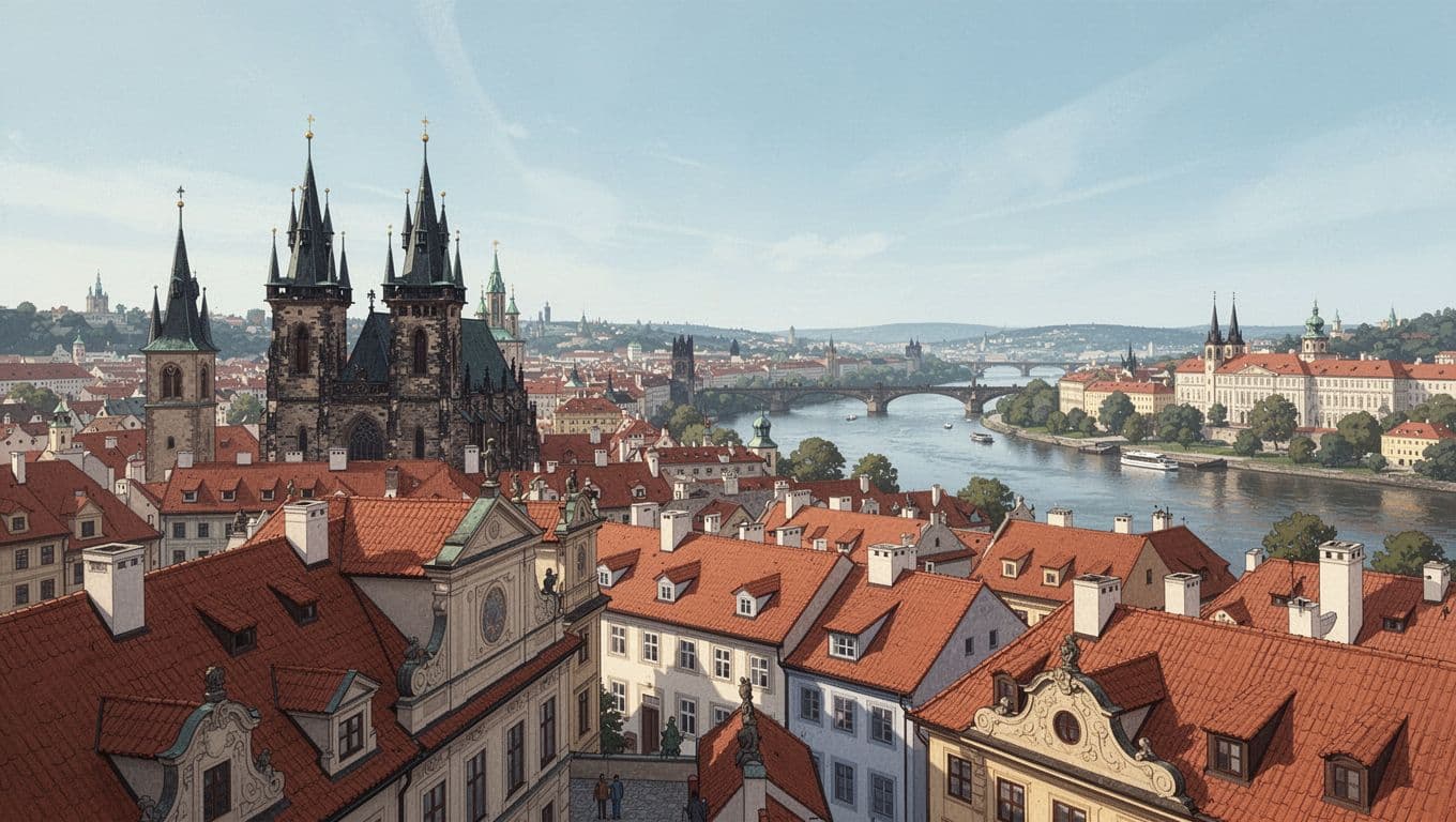 Panoramic rooftop view over Prague old town with red rooftops, church spires, and curving Vltava River.