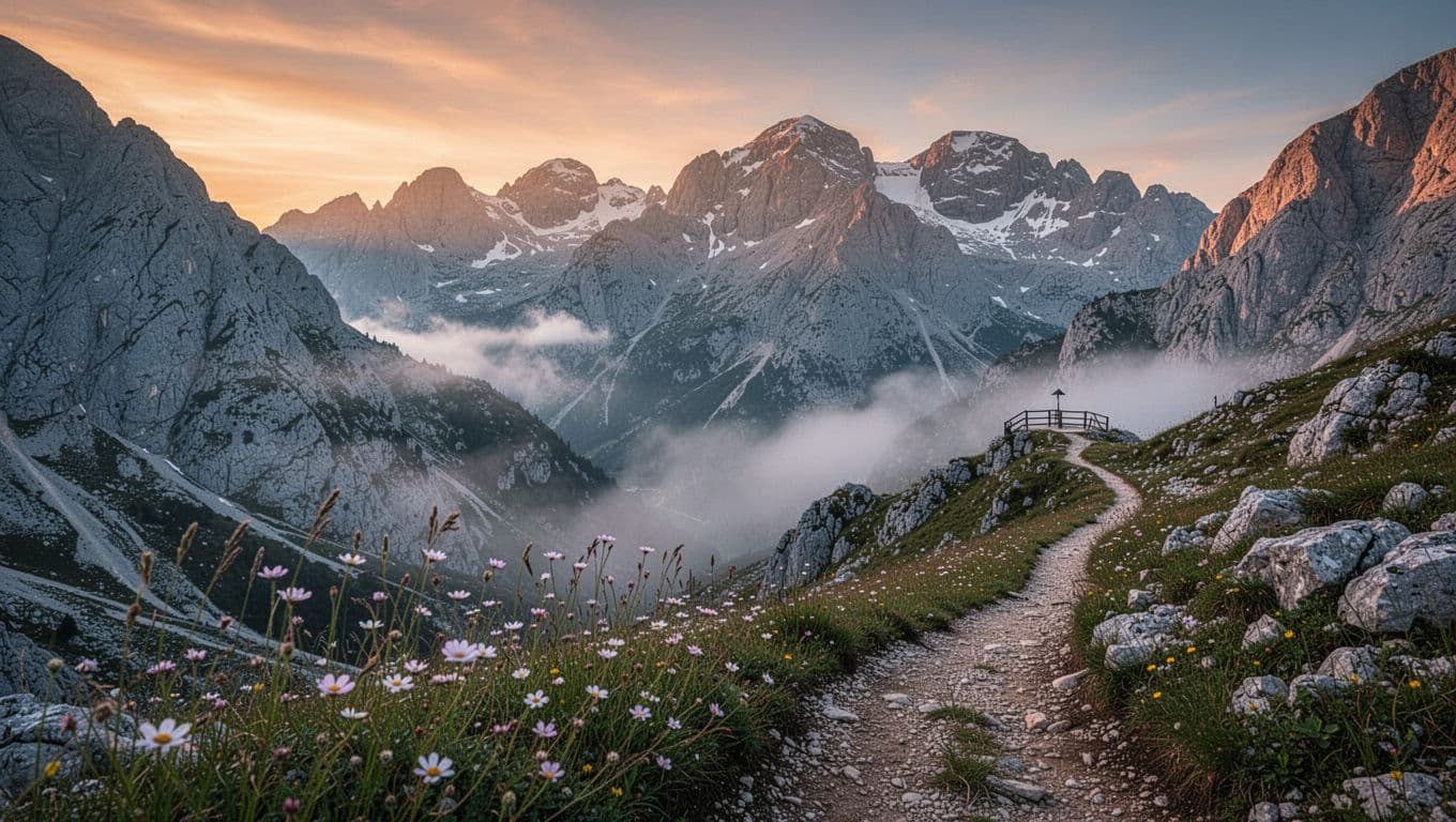 Panoramic dawn view of Prenj mountains with misty valleys, rocky snowy peaks, wildflowers, and hiking trail.