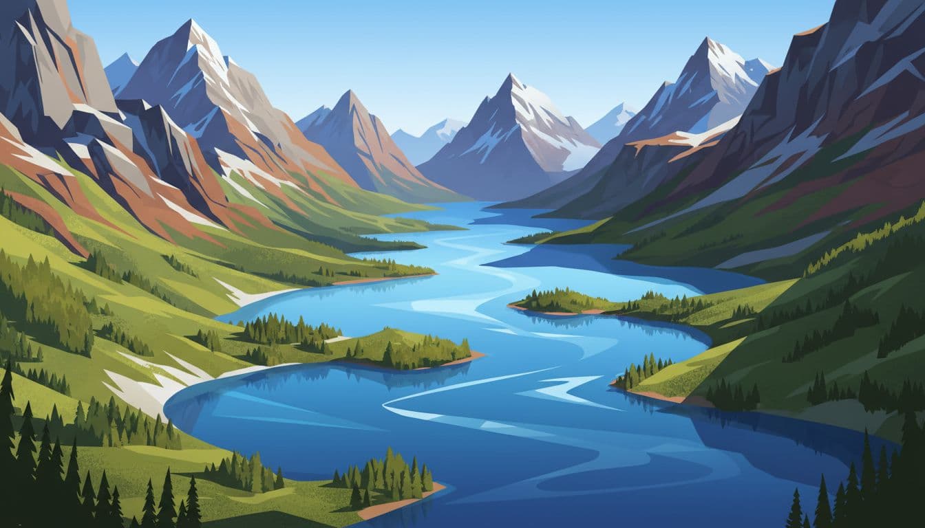 Series of blue glacial lakes surrounded by rocky alpine peaks and green slopes.
