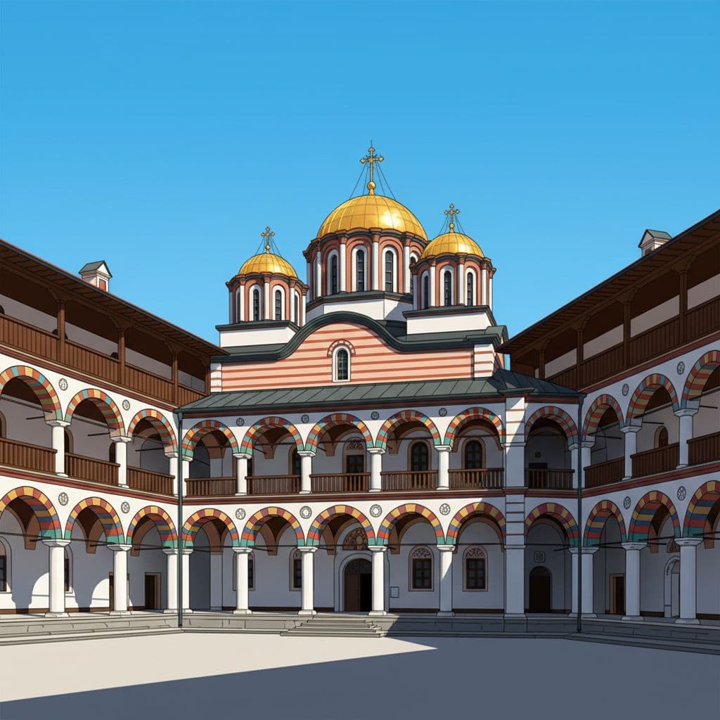 Rila Monastery courtyard with colorful striped arches, wooden balconies, and golden domes in bright sunlight.