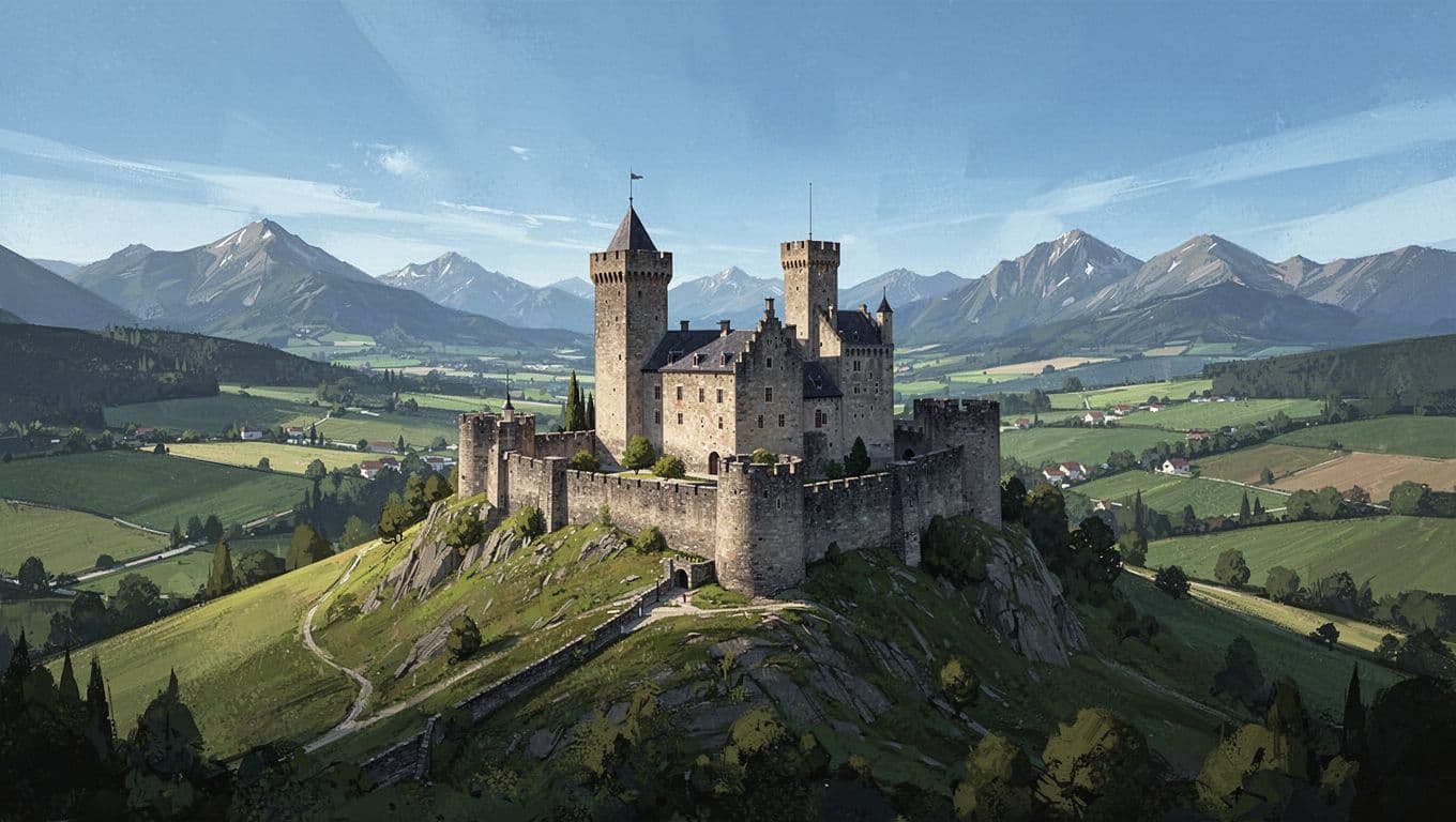 Spiš Castle on hill with green valleys and distant mountains under blue sky.