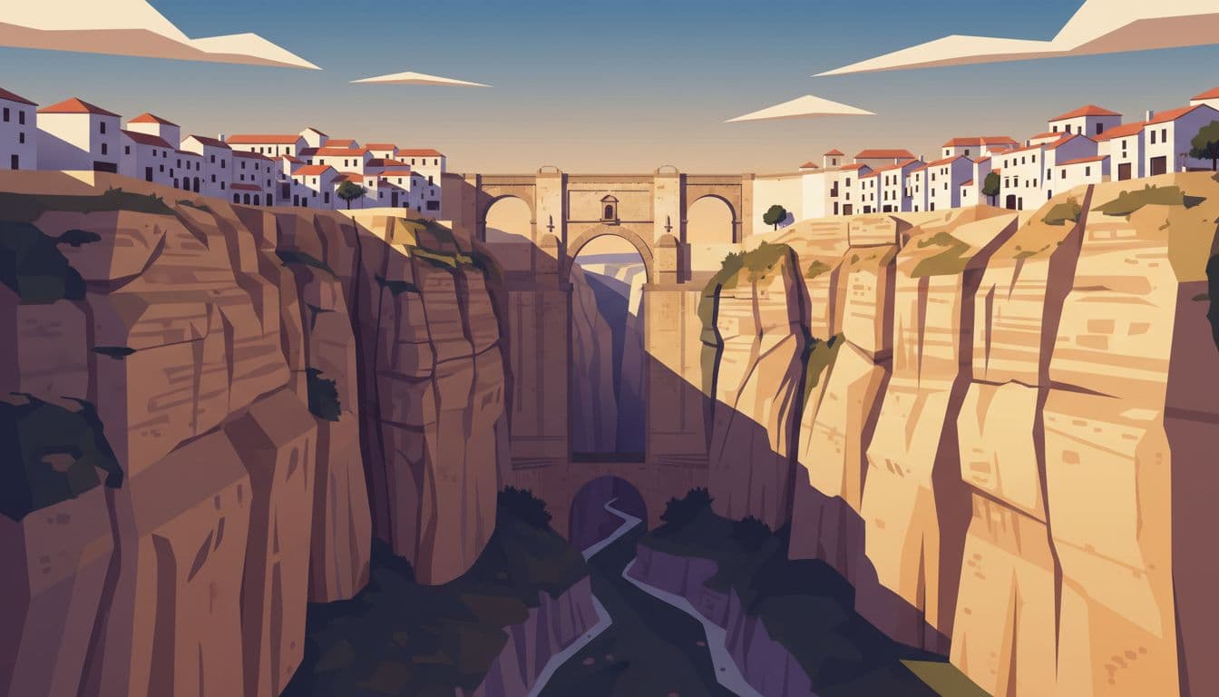 A stone bridge connects a clifftop town across a deep, steep-walled limestone canyon.